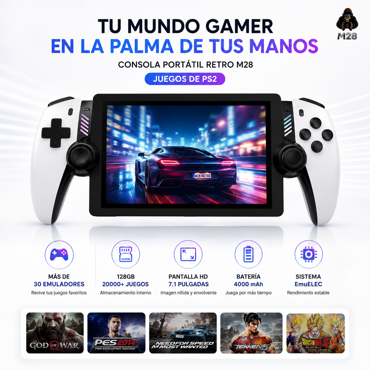 Consola Portátil Retro M28 HD 128GB con +20.000 Juegos y Emuladores PS2