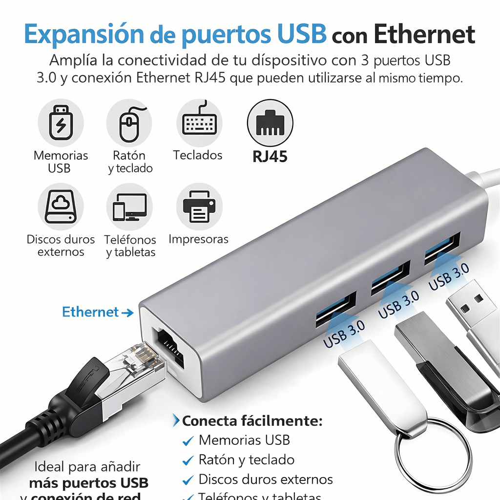 Hub Adaptador USB y USB-C 4 en 1 con Ethernet y 3 Puertos USB
