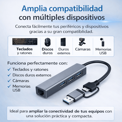 Hub Adaptador USB y USB-C 4 en 1 con Ethernet y 3 Puertos USB
