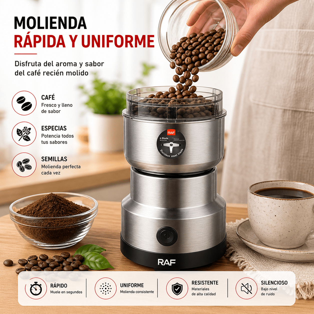 Molinillo Eléctrico Multifuncional 300W – Cuchillas de Acero Inoxidable para Café, Especias y Semillas