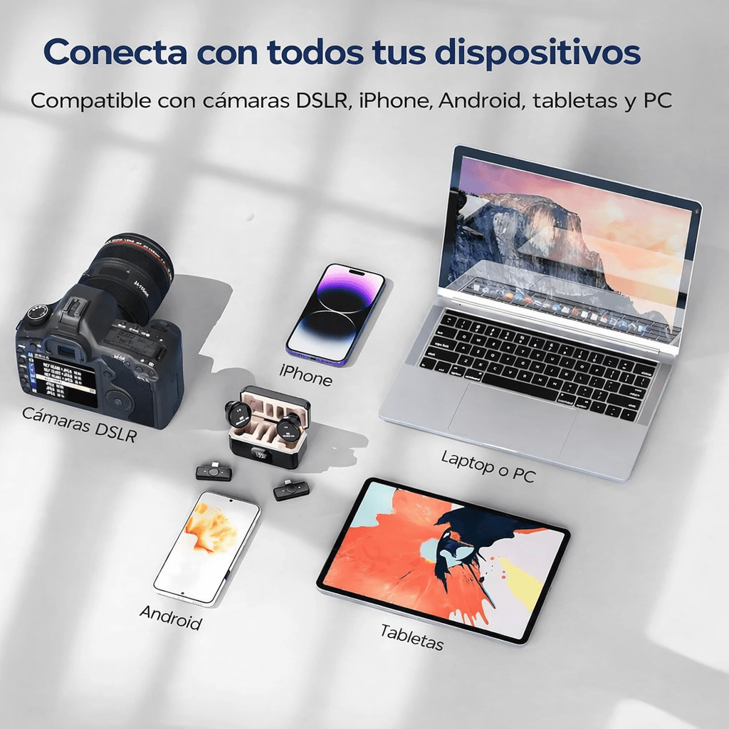 Micrófono Inalámbrico Dual con Cancelación de Ruido IA y Estación de Carga