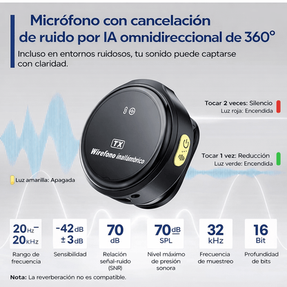 Micrófono Inalámbrico Dual con Cancelación de Ruido IA y Estación de Carga