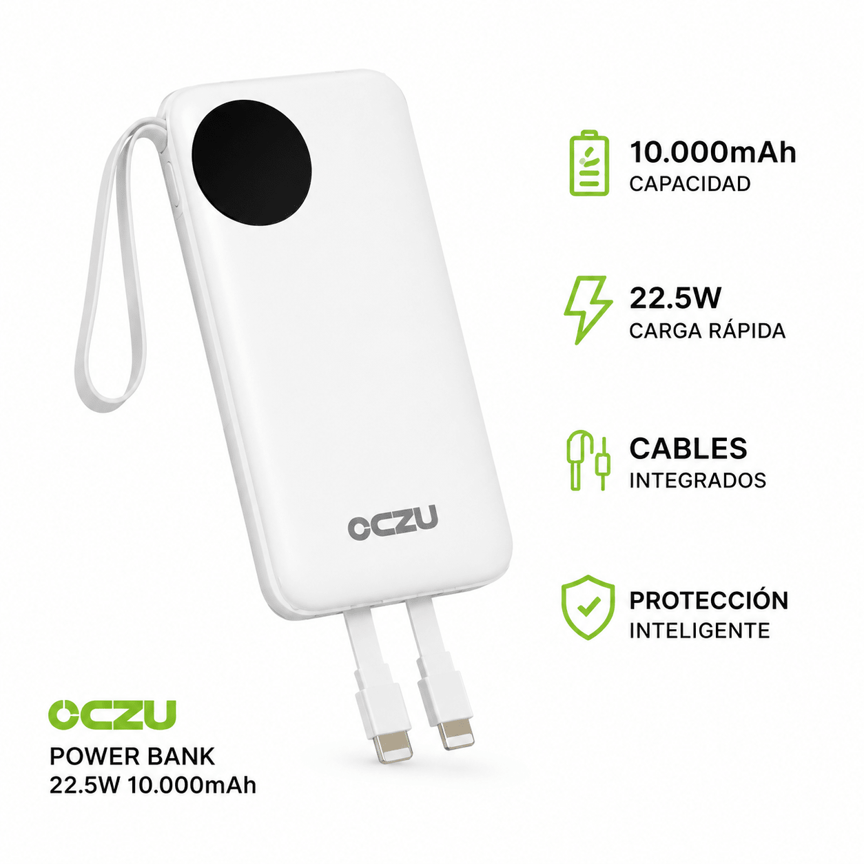 Power Bank OCZU 10.000mAh 22.5W con Cables Integrados y Carga Rápida