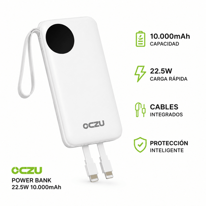 Power Bank OCZU 10.000mAh 22.5W con Cables Integrados y Carga Rápida
