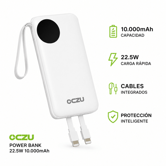 Power Bank OCZU 10.000mAh 22.5W con Cables Integrados y Carga Rápida