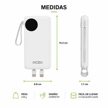 Power Bank OCZU 10.000mAh 22.5W con Cables Integrados y Carga Rápida