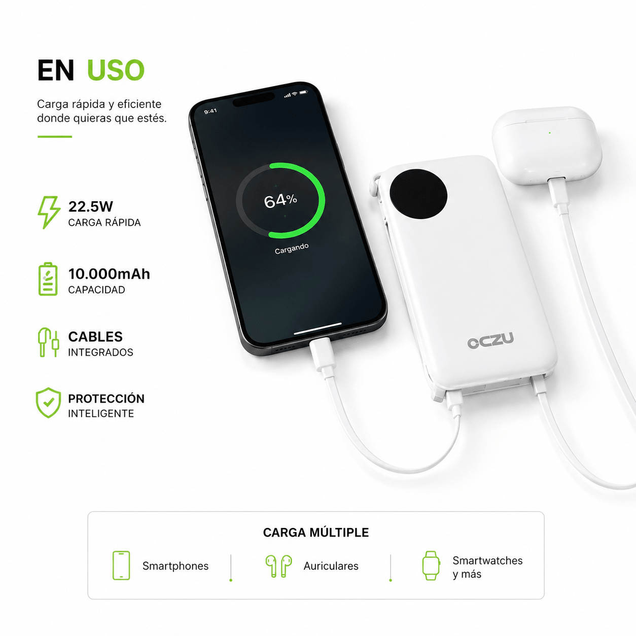 Power Bank OCZU 10.000mAh 22.5W con Cables Integrados y Carga Rápida