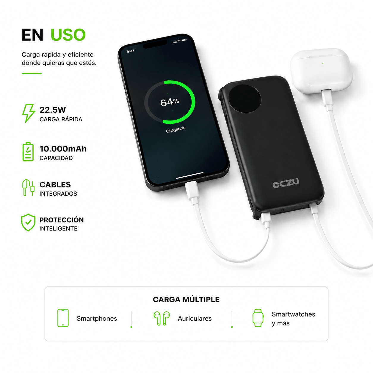 Power Bank OCZU 10.000mAh 22.5W con Cables Integrados y Carga Rápida