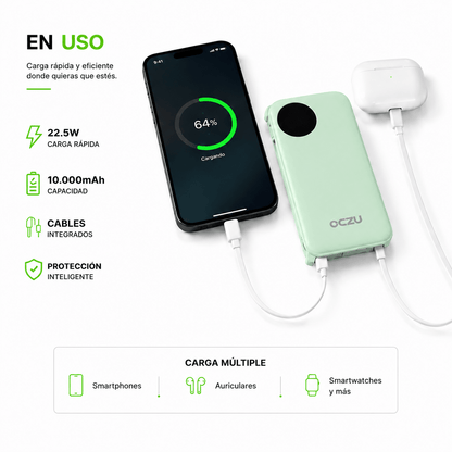 Power Bank OCZU 10.000mAh 22.5W con Cables Integrados y Carga Rápida