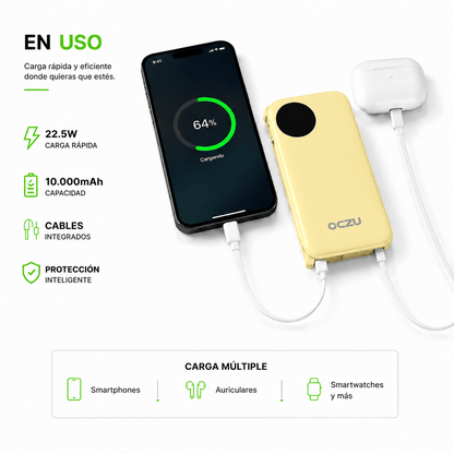 Power Bank OCZU 10.000mAh 22.5W con Cables Integrados y Carga Rápida