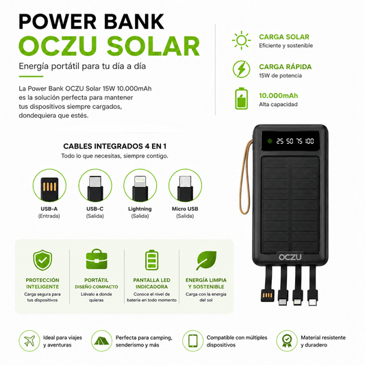 Power Bank Solar OCZU 10.000mAh 15W con Cables Integrados y Pantalla LED