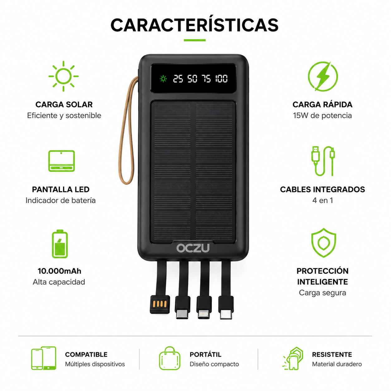 Power Bank Solar OCZU 10.000mAh 15W con Cables Integrados y Pantalla LED