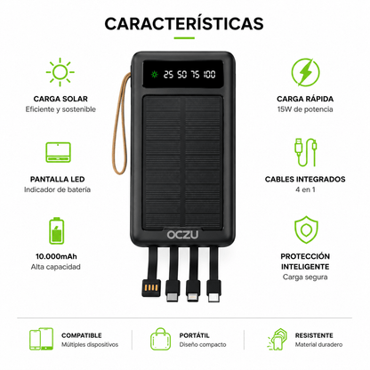 Power Bank Solar OCZU 10.000mAh 15W con Cables Integrados y Pantalla LED