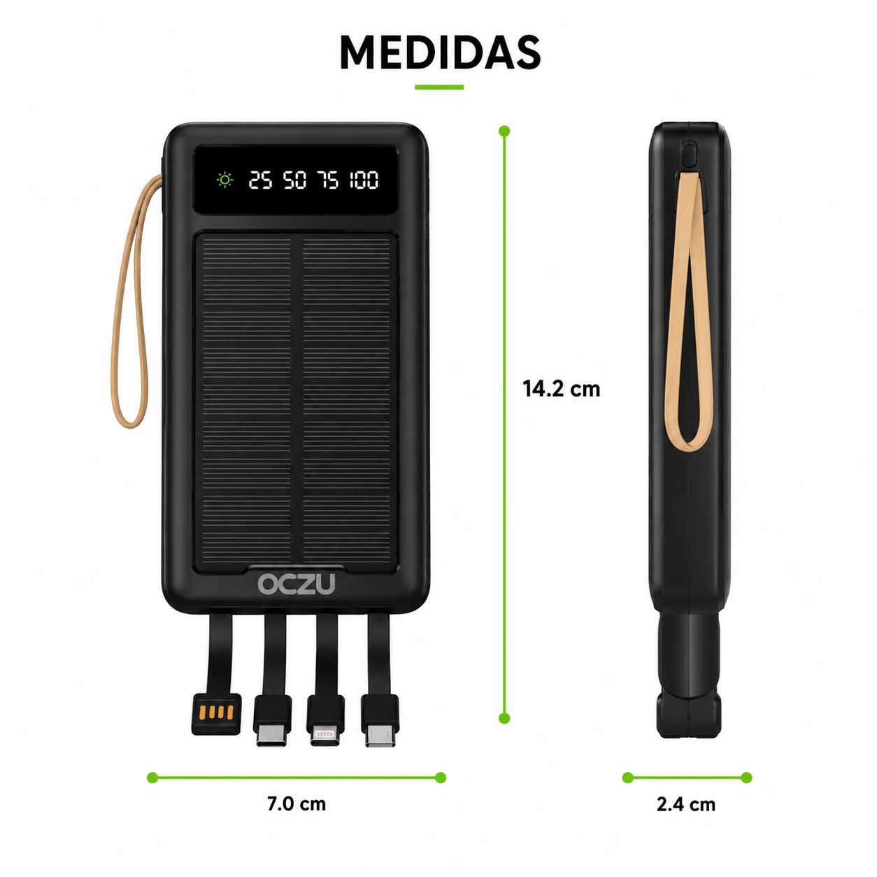 Power Bank Solar OCZU 10.000mAh 15W con Cables Integrados y Pantalla LED