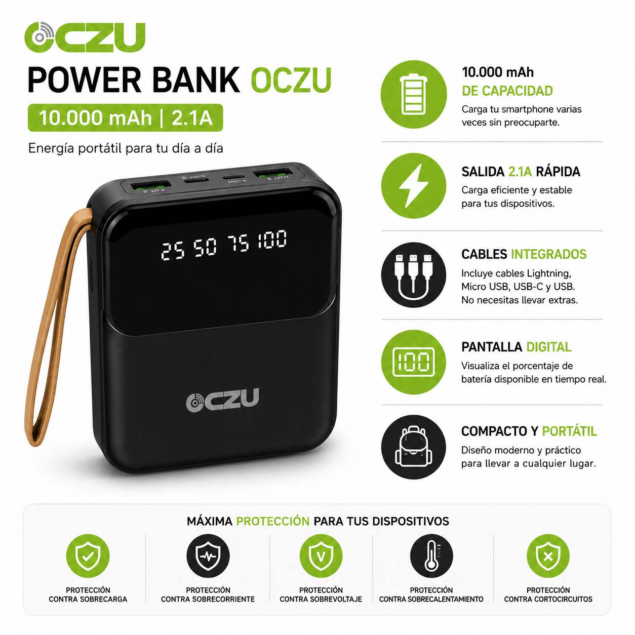 Power Bank OCZU 10.000mAh 2.1A con Pantalla Digital y Cables Integrados – Carga Rápida Portátil