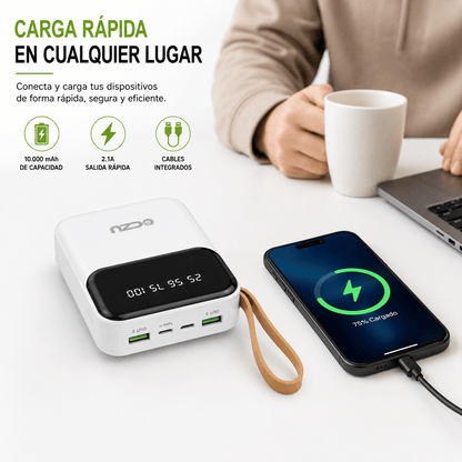 Power Bank OCZU 10.000mAh 2.1A con Pantalla Digital y Cables Integrados – Carga Rápida Portátil