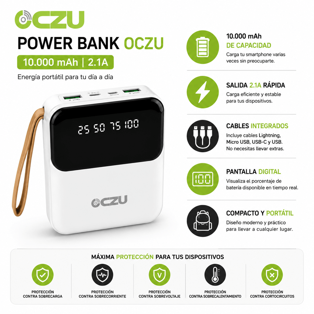 Power Bank OCZU 10.000mAh 2.1A con Pantalla Digital y Cables Integrados – Carga Rápida Portátil
