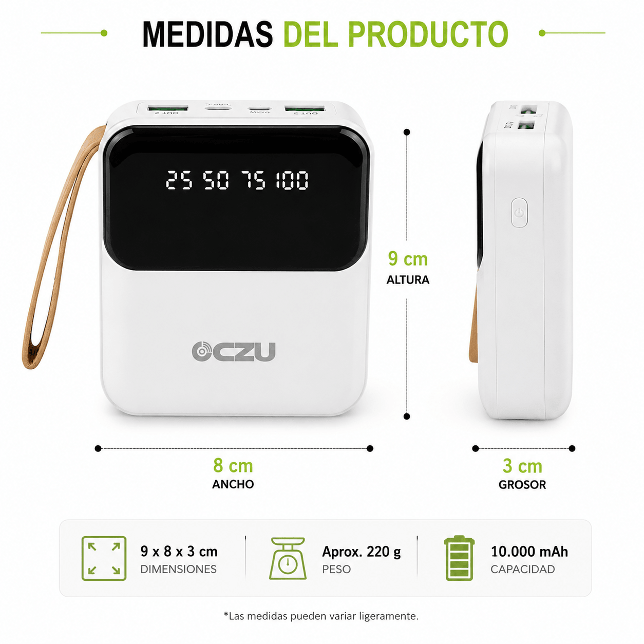 Power Bank OCZU 10.000mAh 2.1A con Pantalla Digital y Cables Integrados – Carga Rápida Portátil