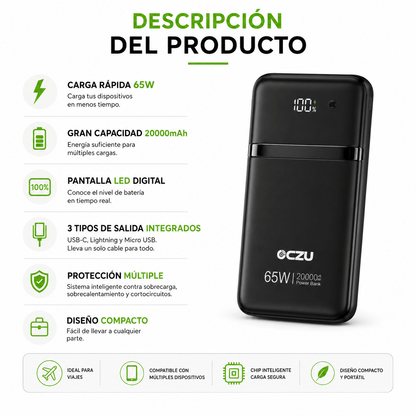 Power Bank 65W OCZU 20.000mAh con Carga Rápida y Pantalla LED