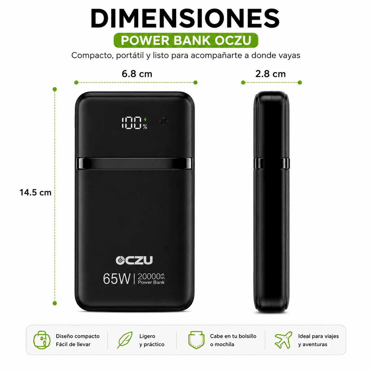 Power Bank 65W OCZU 20.000mAh con Carga Rápida y Pantalla LED