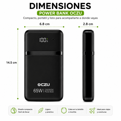 Power Bank 65W OCZU 20.000mAh con Carga Rápida y Pantalla LED