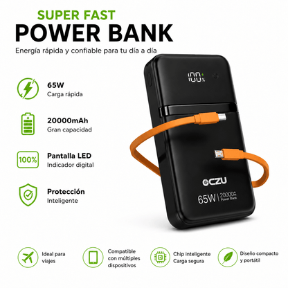 Power Bank 65W OCZU 20.000mAh con Carga Rápida y Pantalla LED
