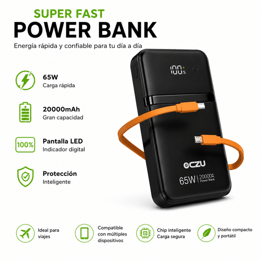 Power Bank 65W OCZU 20.000mAh con Carga Rápida y Pantalla LED