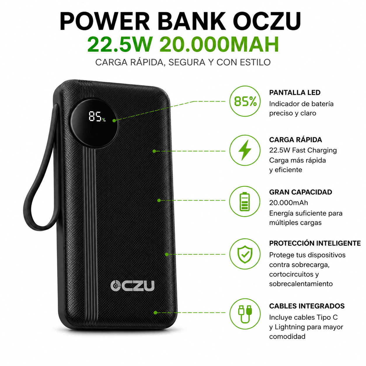 Power Bank 22.5W OCZU 20.000mAh con Pantalla LED y Cables Integrados