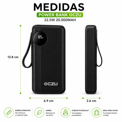 Power Bank 22.5W OCZU 20.000mAh con Pantalla LED y Cables Integrados