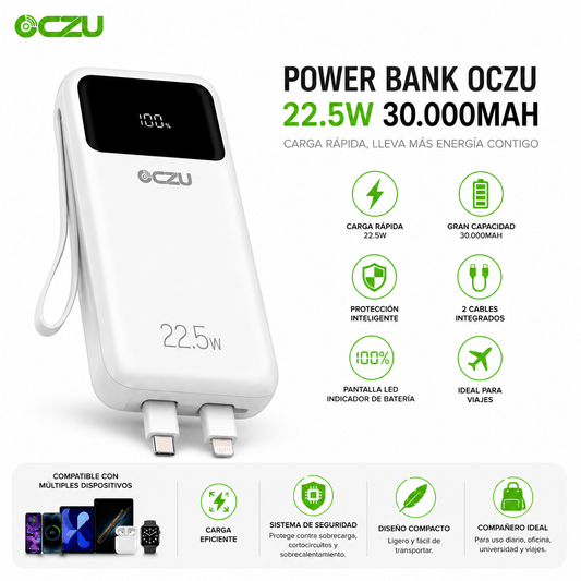 Power Bank OCZU 30.000mAh 22.5W con Pantalla LED y  Cables Integrados