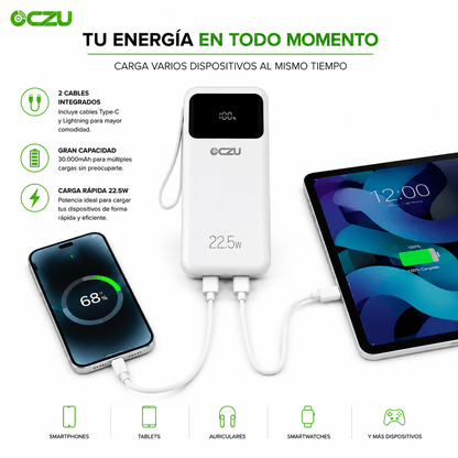 Power Bank OCZU 30.000mAh 22.5W con Pantalla LED y  Cables Integrados