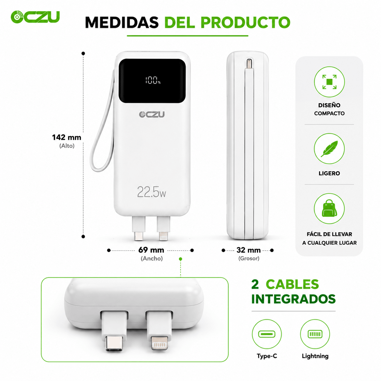 Power Bank OCZU 30.000mAh 22.5W con Pantalla LED y  Cables Integrados
