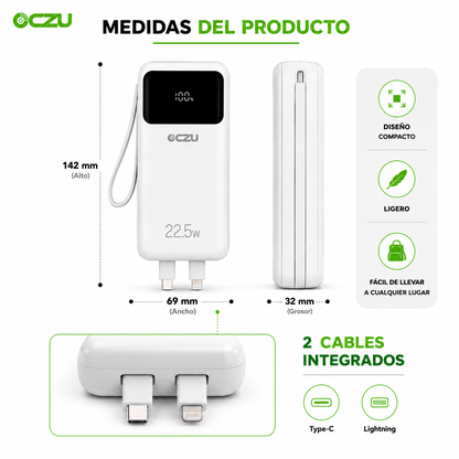 Power Bank OCZU 30.000mAh 22.5W con Pantalla LED y  Cables Integrados