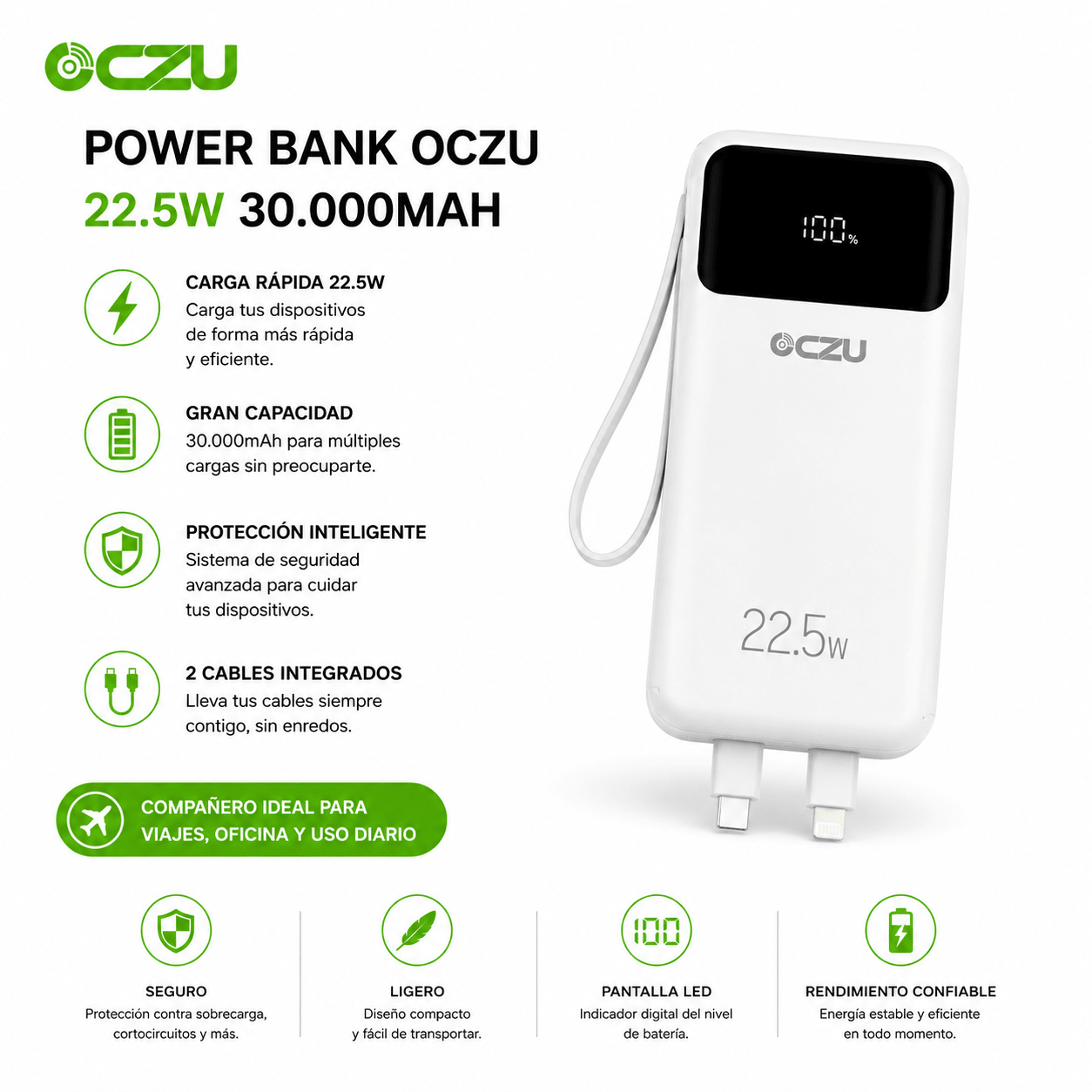 Power Bank OCZU 30.000mAh 22.5W con Pantalla LED y  Cables Integrados
