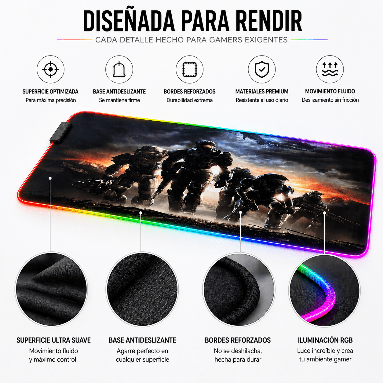 Mouse Pad Gamer XL RGB Halo Edition – Iluminación LED Multicolor