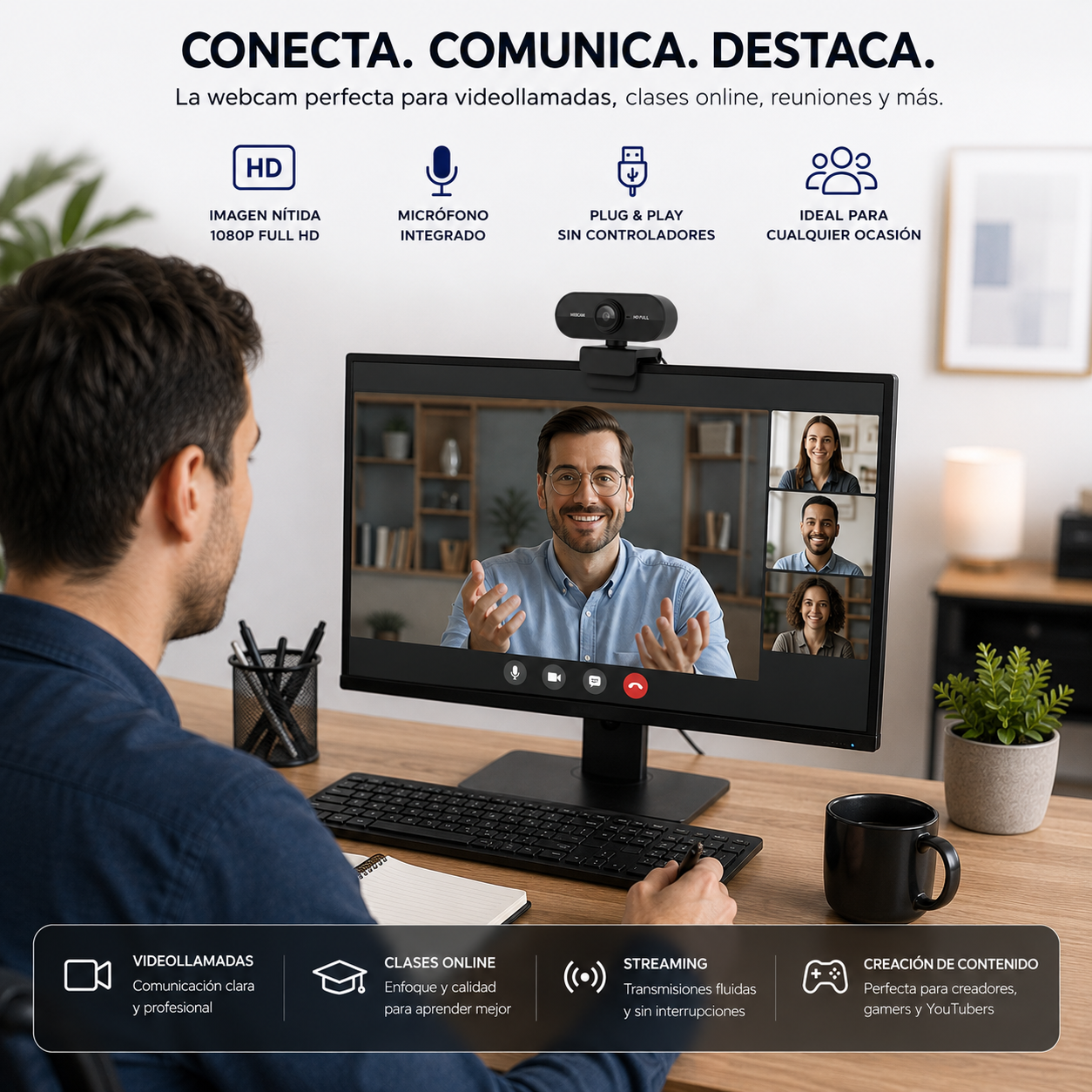Camara Web HD 1080P con Micrófono Integrado y Rotación 360°