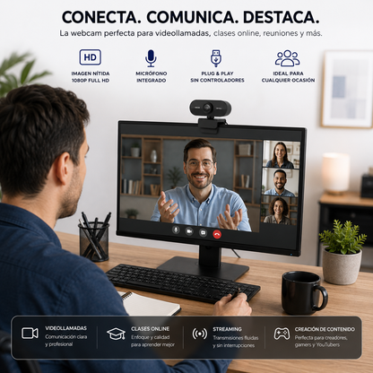 Camara Web HD 1080P con Micrófono Integrado y Rotación 360°