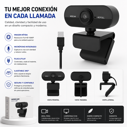 Camara Web HD 1080P con Micrófono Integrado y Rotación 360°