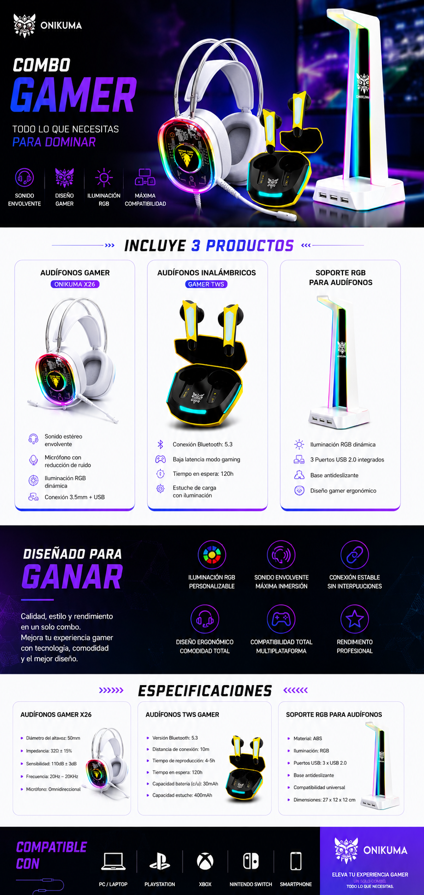 Combo Gamer RGB con Soporte LED y Audífonos Gaming de Baja Latencia