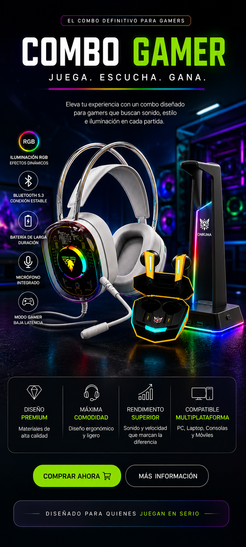 Combo Gamer RGB con Soporte LED y Audífonos Gaming de Baja Latencia