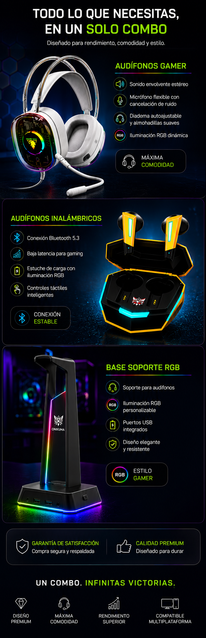 Combo Gamer RGB con Soporte LED y Audífonos Gaming de Baja Latencia