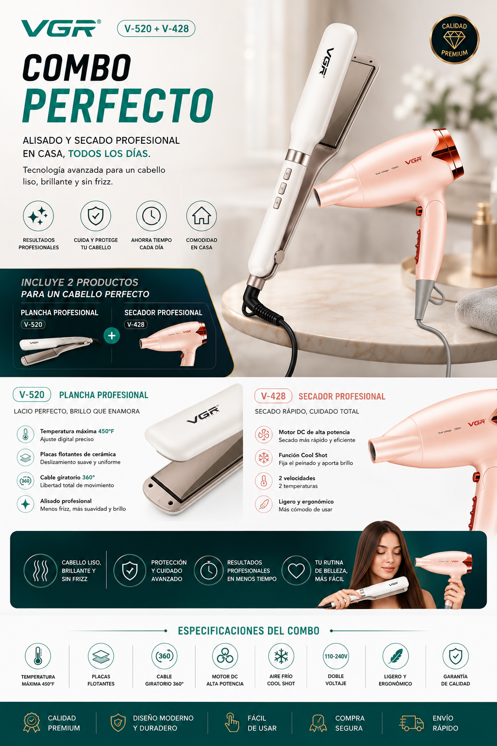 Kit Cabello Profesional VGR | Plancha Alisadora + Secador