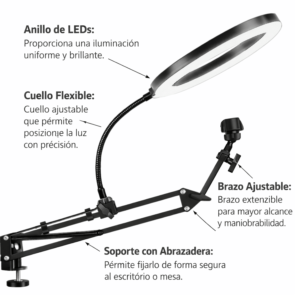 Aro de Luz con Brazo Articulado y Soporte para Celular