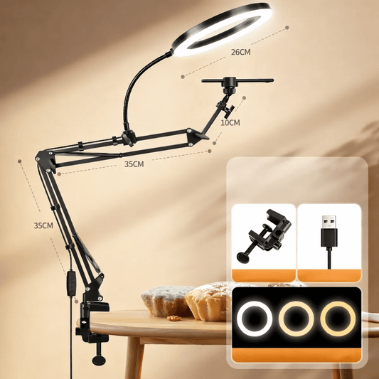 Aro de Luz con Brazo Articulado y Soporte para Celular