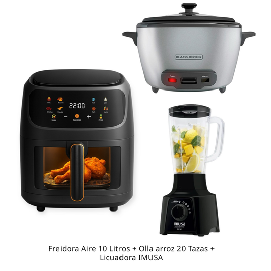 Combo De Freidora Air Fryer 10 Litros + Olla Arrocera Black And Decker 2O Tazas + Licuadora Imusa Powermix Plus