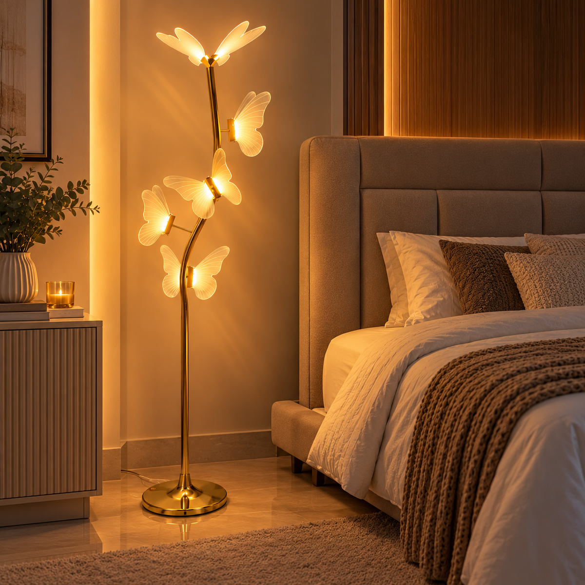 Lámpara de Pie LED con 5 Mariposas Doradas