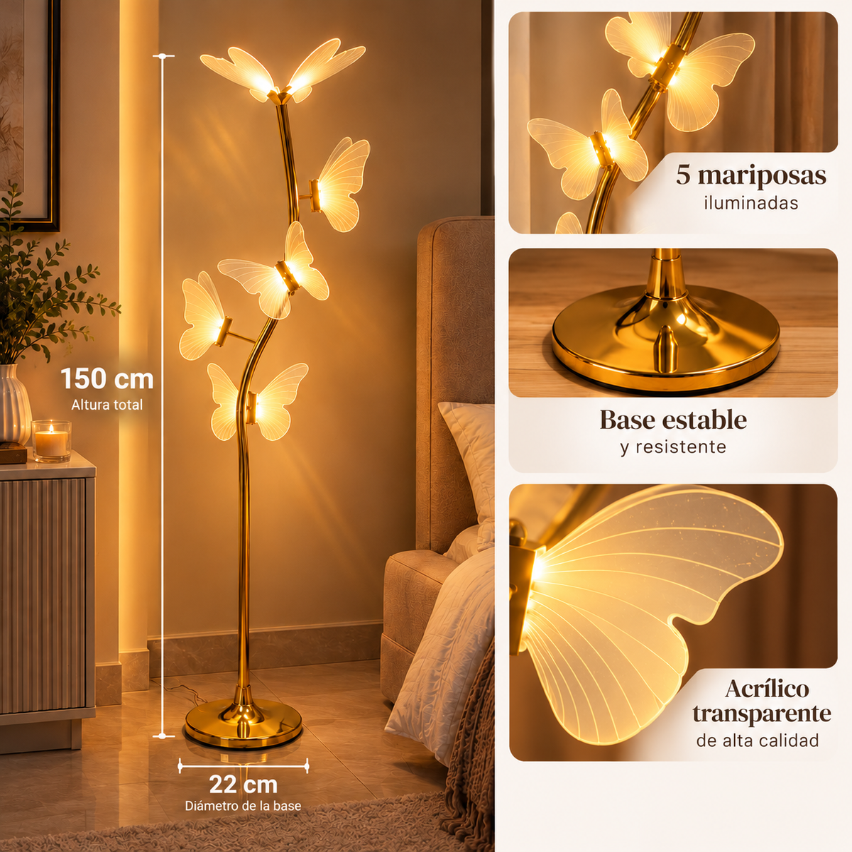 Lámpara de Pie LED con 5 Mariposas Doradas