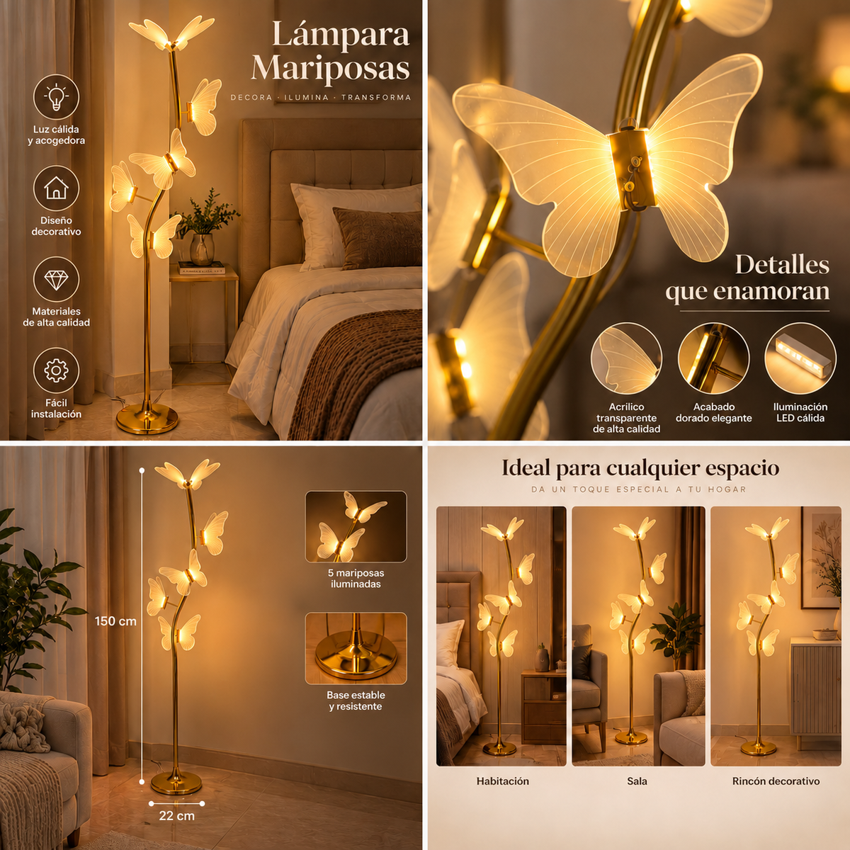 Lámpara de Pie LED con 5 Mariposas Doradas