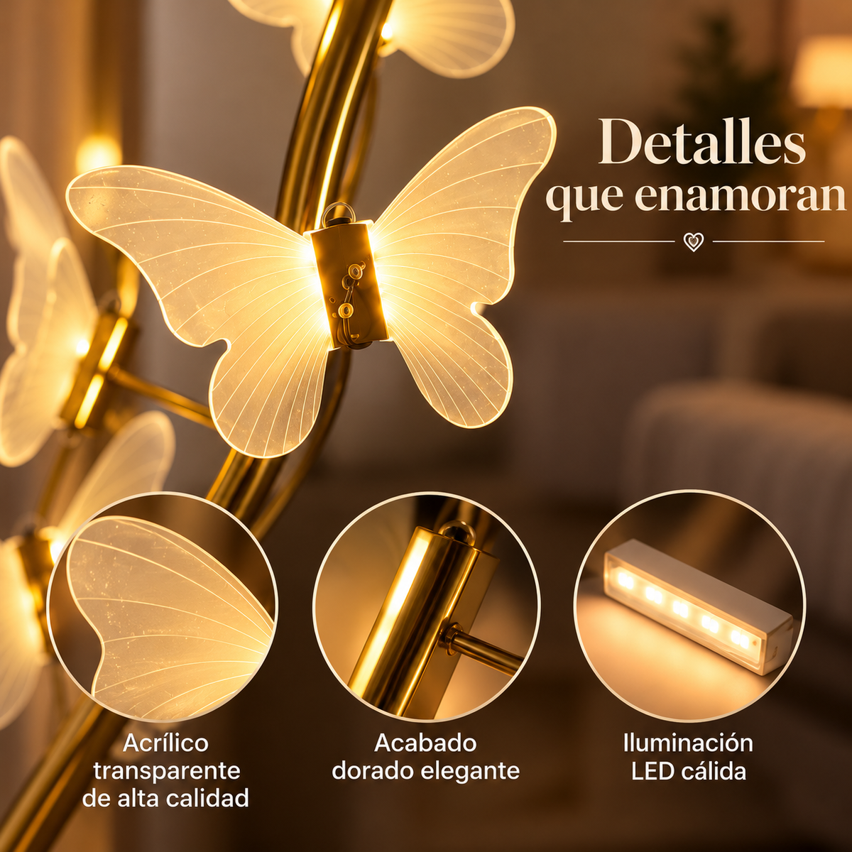 Lámpara de Pie LED con 5 Mariposas Doradas