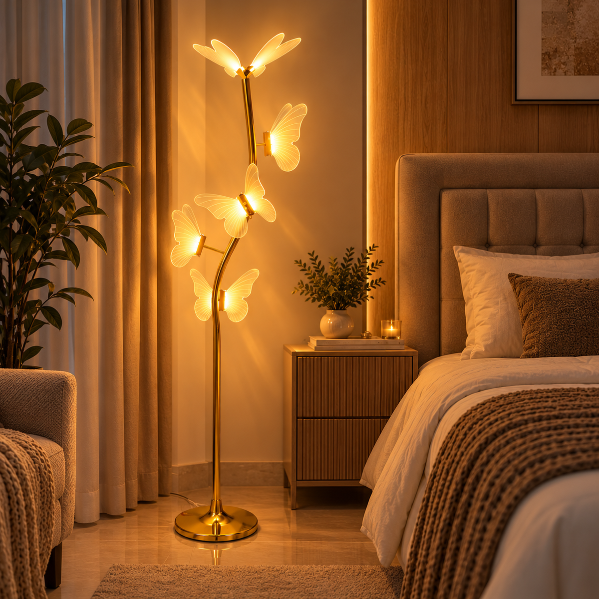 Lámpara de Pie LED con 5 Mariposas Doradas